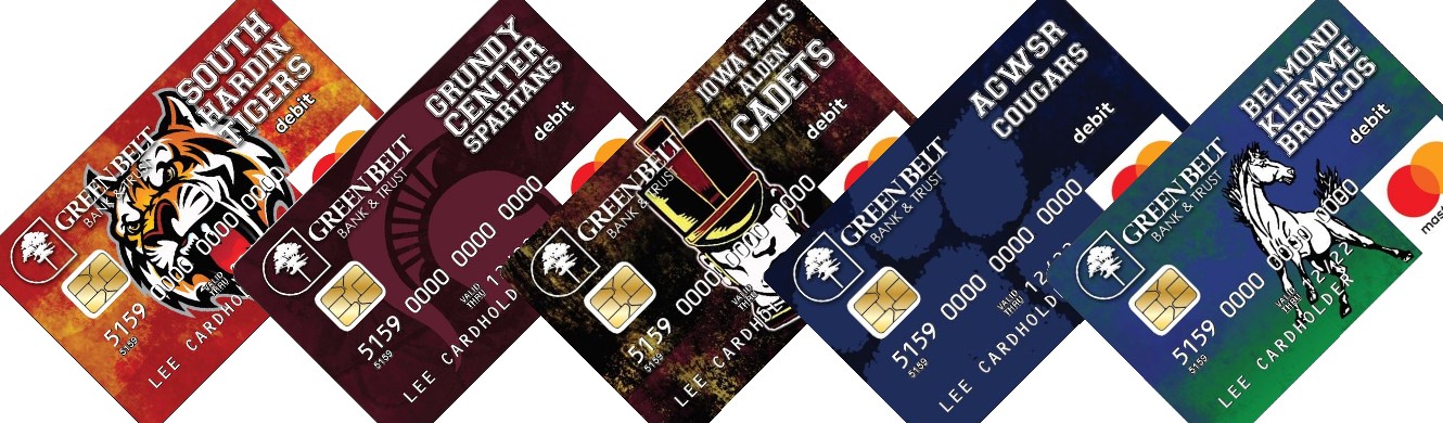 Five mascot debit cards lined up 